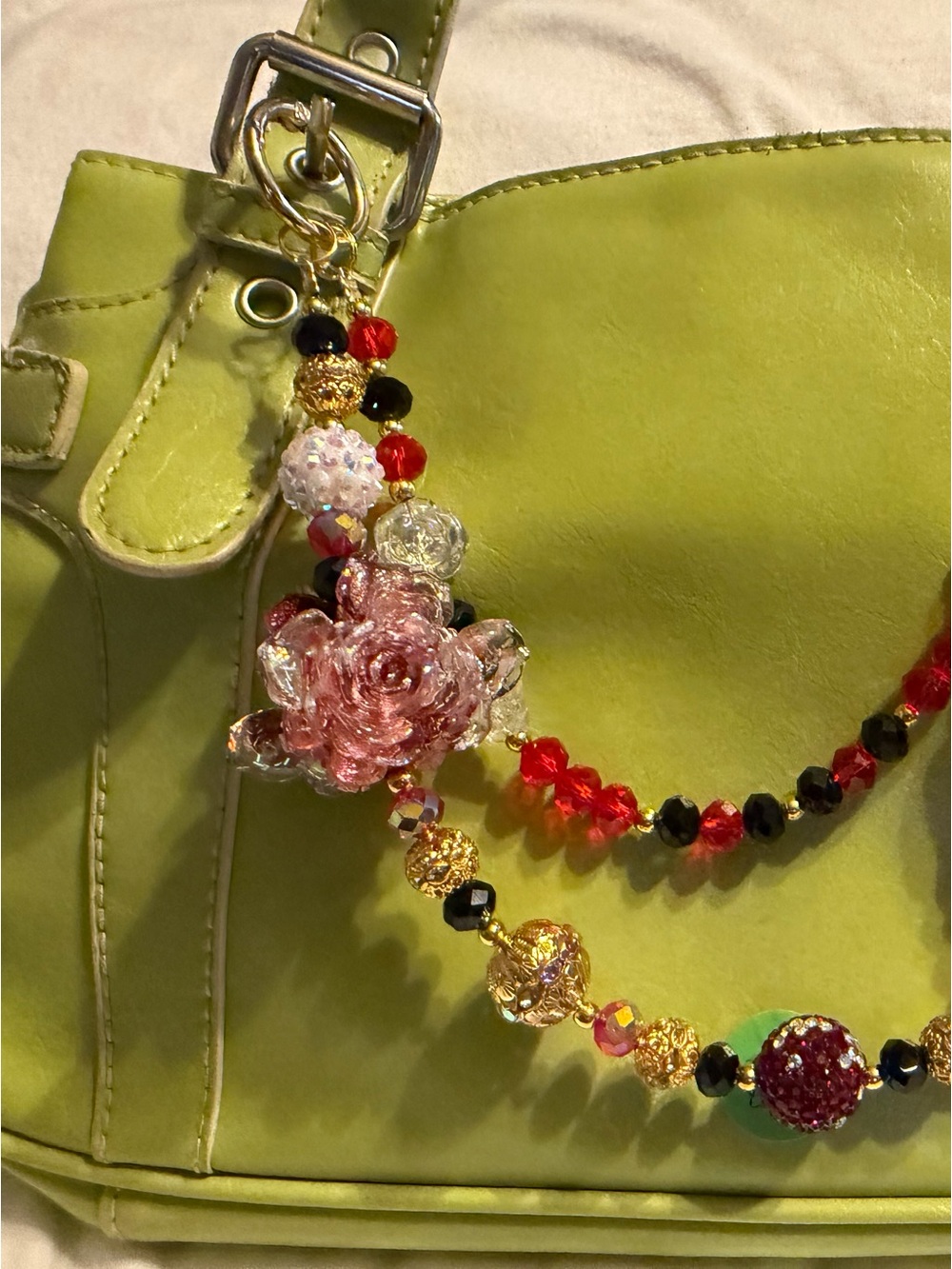 Red and Gold Floral Crystal Necklace bag or keychain - Picture 2 of 4